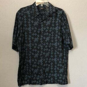 ratio shirt Men's L large blue black abstract 100% rayon button up casual EUC